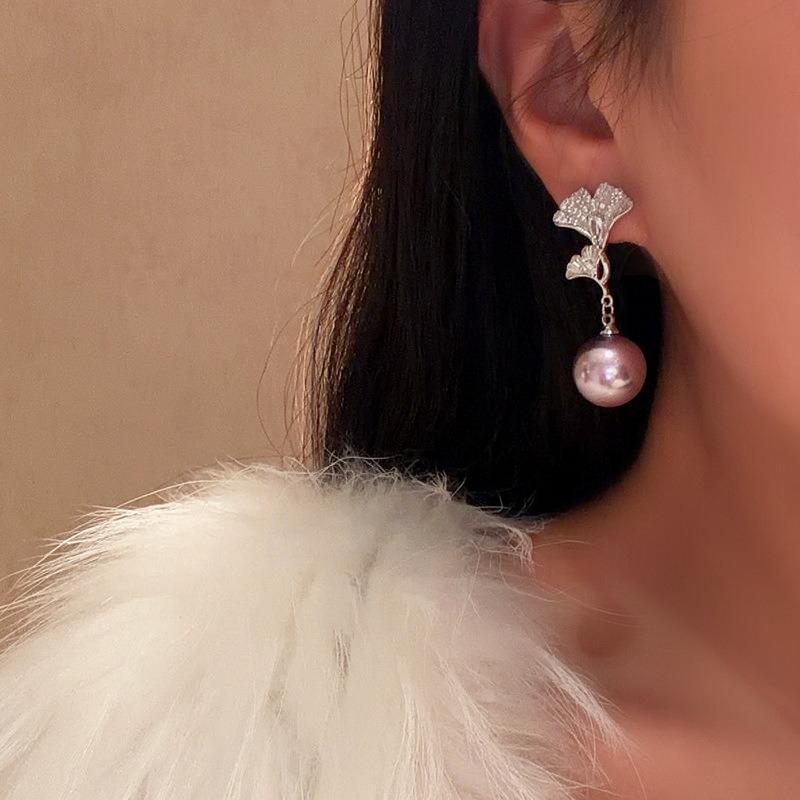Silver needle zircon round maple leaf pendant pearl stud earrings unique design temperament earrings light luxury high-end earrings