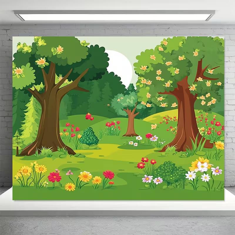 2D Flat Cartoon Spring Forest Backdrop Kids Photography Background