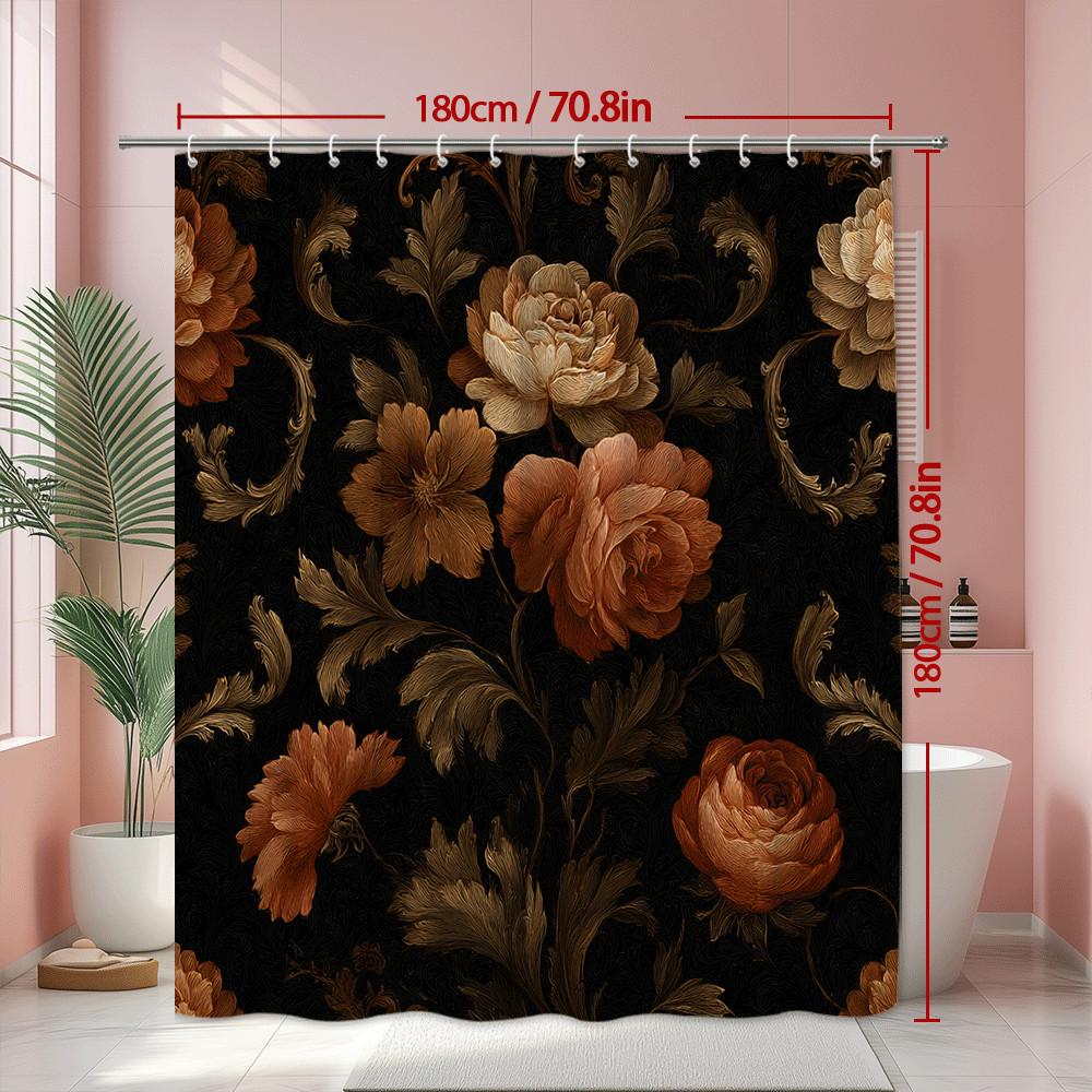 Cortina de Ducha Floral Marrón Oscuro Elegante Patrón de Rosas Estilo Barroco Vintage Lujosa Decoración de Baño Impermeable Montaje Rápido