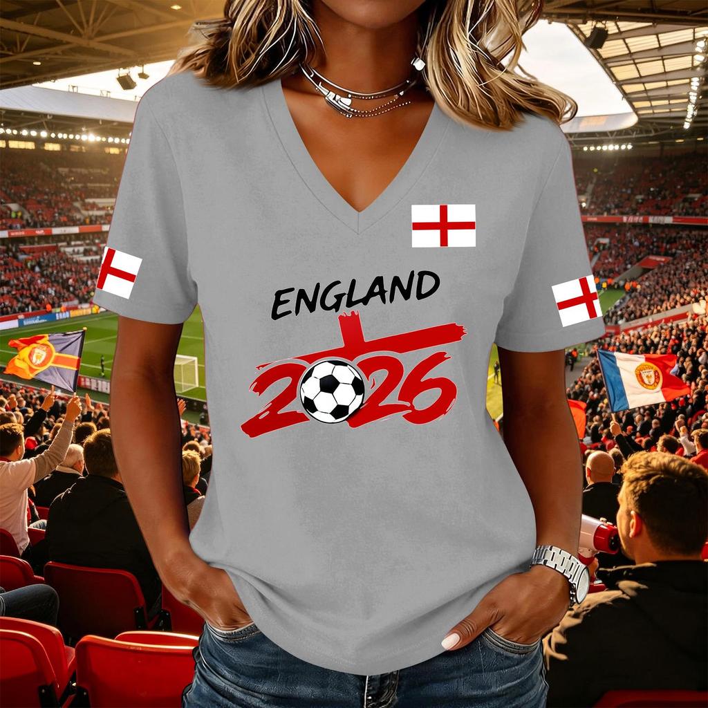 Women's Casual V Neck Short Sleeve Pullover Top Football Flag Print Support Tee Shirt for Sports Events