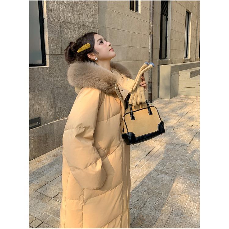 Chinese Style Cotton Coat with Fur Collar Women Winter Long Loose Solid Color Warm Jacket