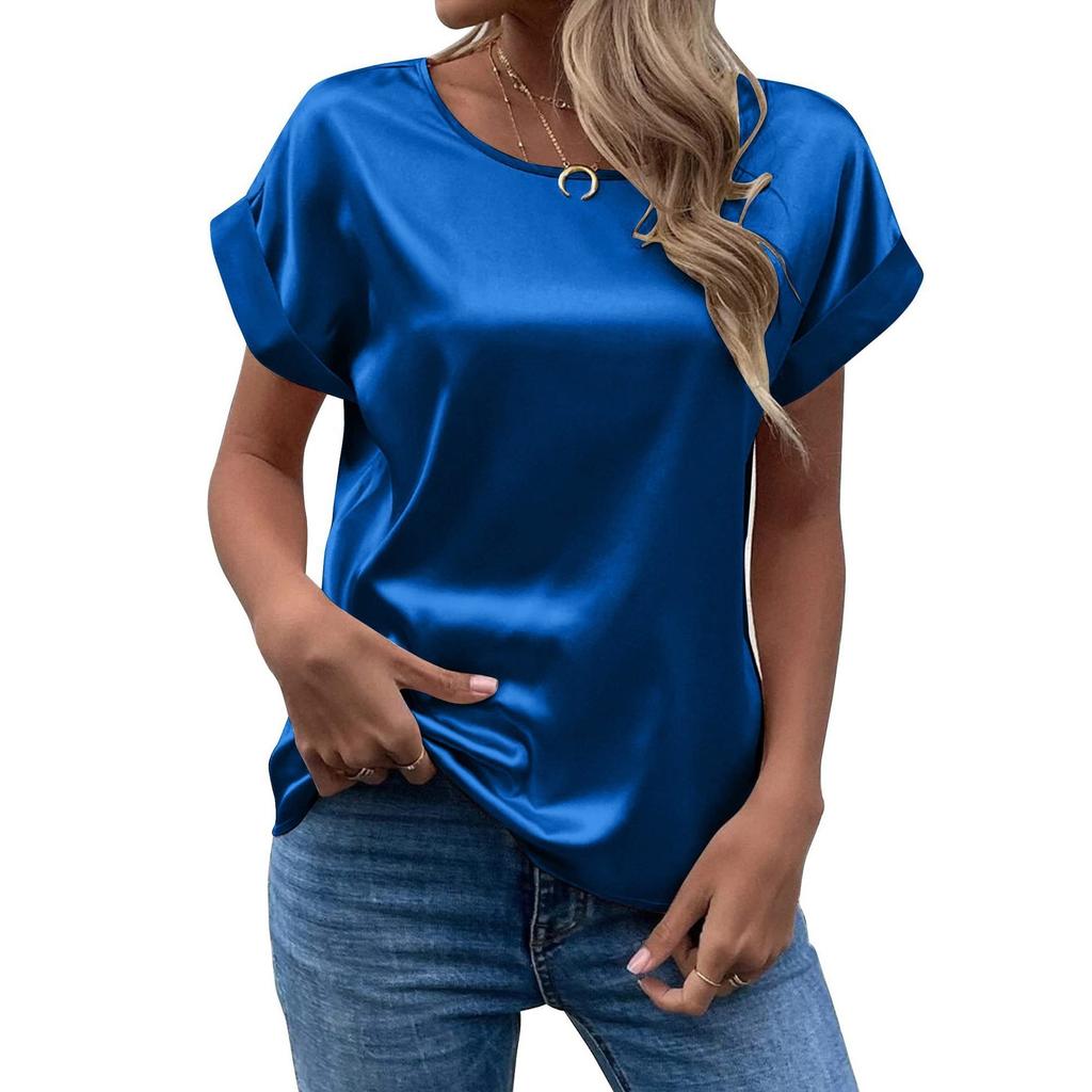Summer Satin Round Neck Shirt Temperament Solid Color Women’s Blouses & Shirts