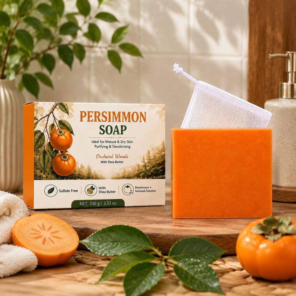 Persimmon Soap Bar Woody Fruity Scent Moisturizing Cleansing New Packaging Handmade Bath Shower Face Soap
