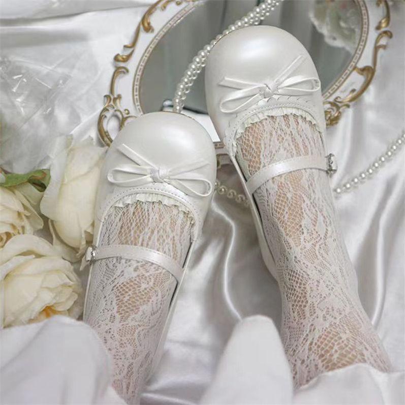 Enkelskor dam 2025 nya mjuka vita platå fransk rund tå tjock klack rosett en pedal Mary Jane skor
