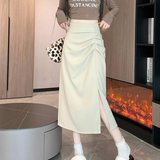 

2025 Early Autumn Women’s High-Waist A-Line Midi Skirt with Slit L абрикосовый