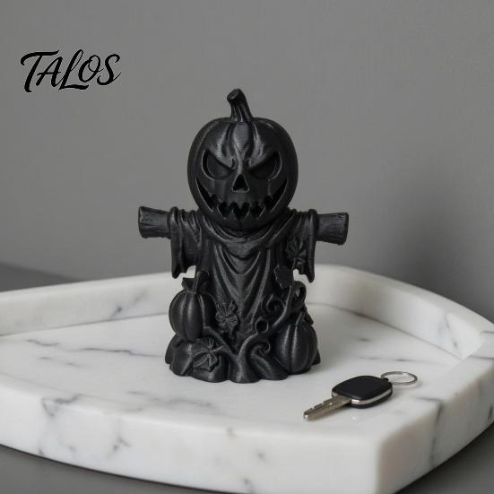 Handcrafted Carved Pumpkin 3D Printed Scarecrow Figurine, Matte Black Halloween Tabletop Atmospheric Party Ornament Decor for Shelf Window Office,