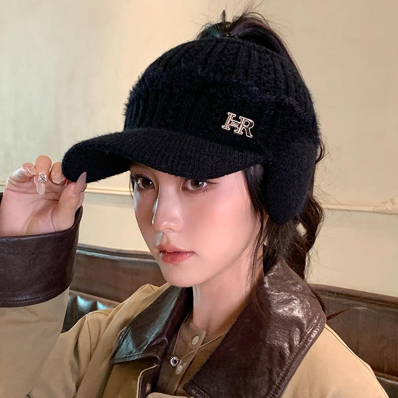 Versatile Knitted Empty Top Hat Korean Letter Plus Velvet Hat for Women's Outdoor Cycling Windproof and Warm Ear Protection Hat