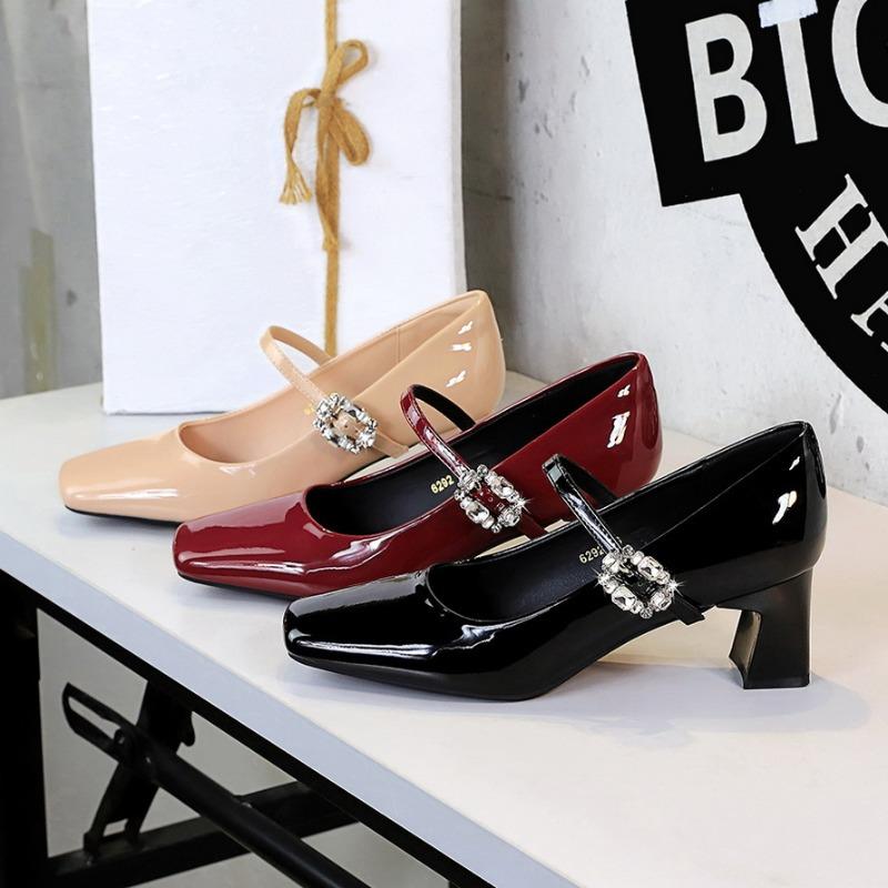 Fashion Mary Janes Women's 2025 Summer Shoes Square Toe Shallow Dress Pumps Women Buckle Strap Crystal 5CM Med Heel Shoes Ladies