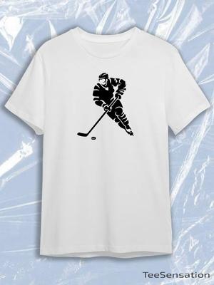 TeeSensation White Crew Neck Short Sleeve T-Shirt with Black Hockey Player Stick Puck Silhouette
