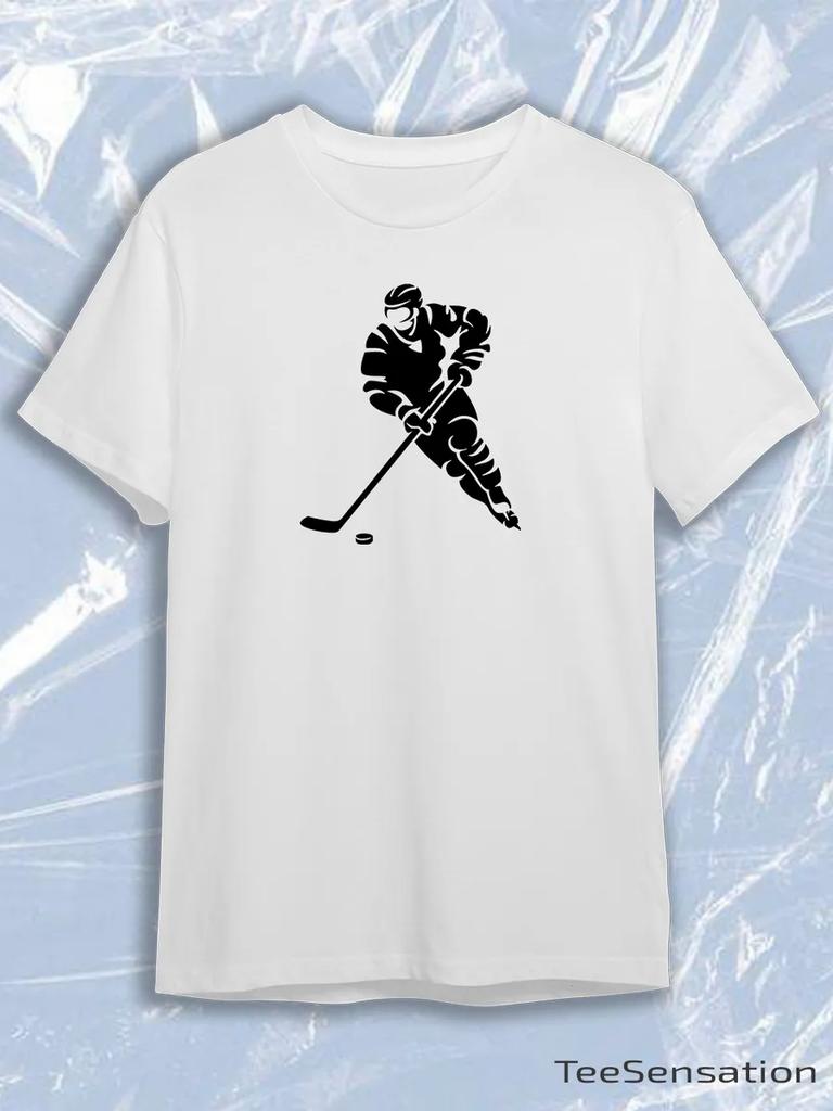 TeeSensation White Crew Neck Short Sleeve T-Shirt with Black Hockey Player Stick Puck Silhouette