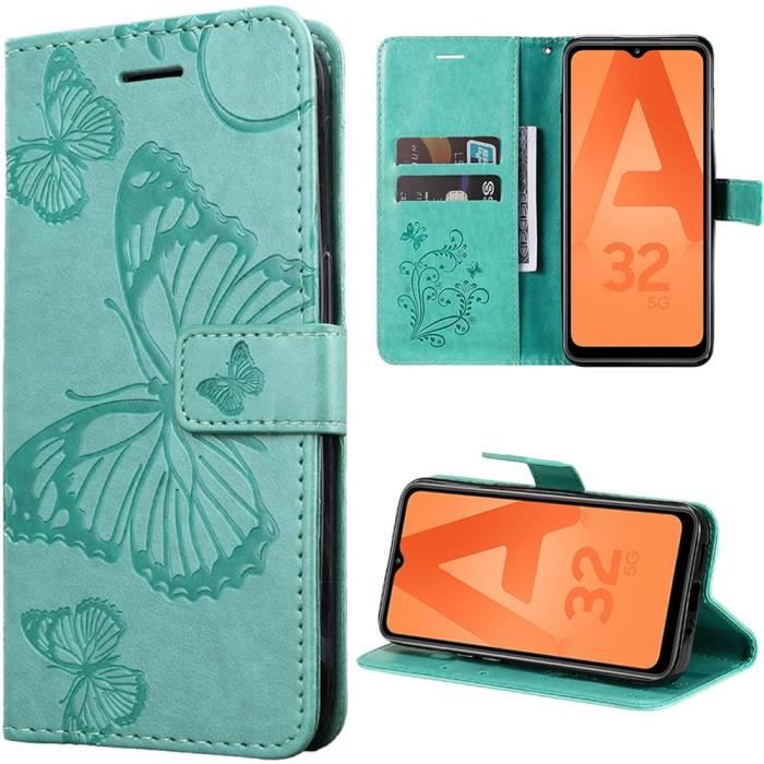 Coque - Samsung - Galaxy A32 5G - Cuir Synthétique - Motif Papillons - Fermoir Magnétique