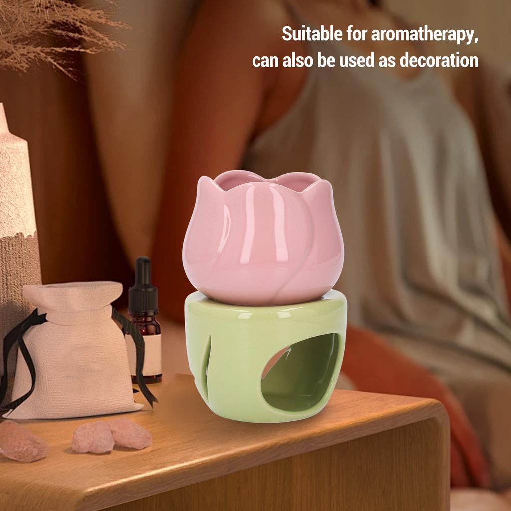 Pink Flower Shape Ceramic Aromatherapy Burner with Green Stand Tealight Candle Holder Essential Oil Burner