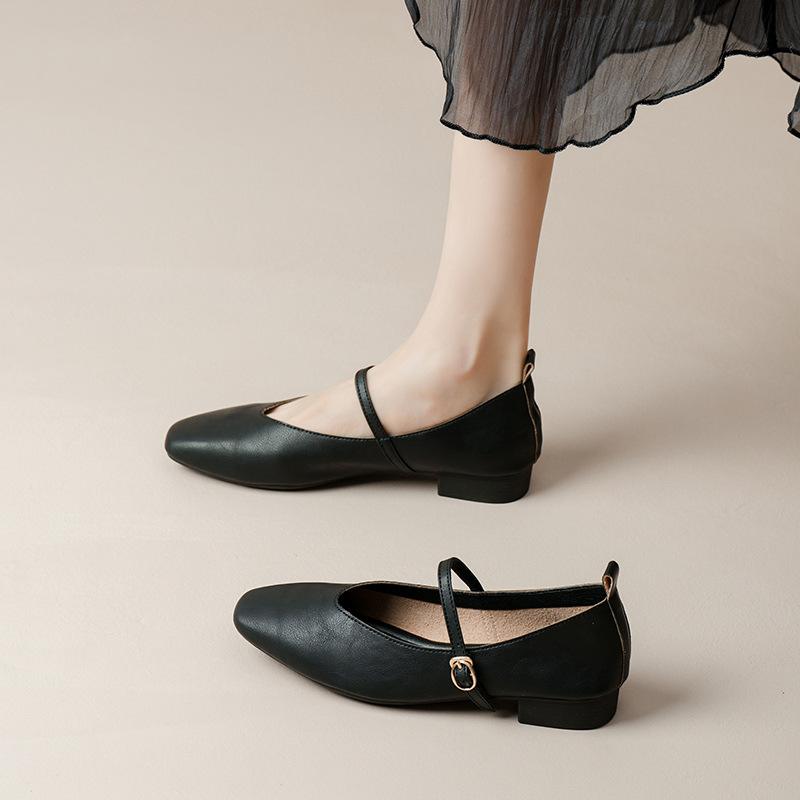 Kožené babičkovské boty na silném podpatku s páskem Mary Jane, francouzská čtvercová špička, dámské boty na středním podpatku, nové jarní a podzimní univerzální dámské boty