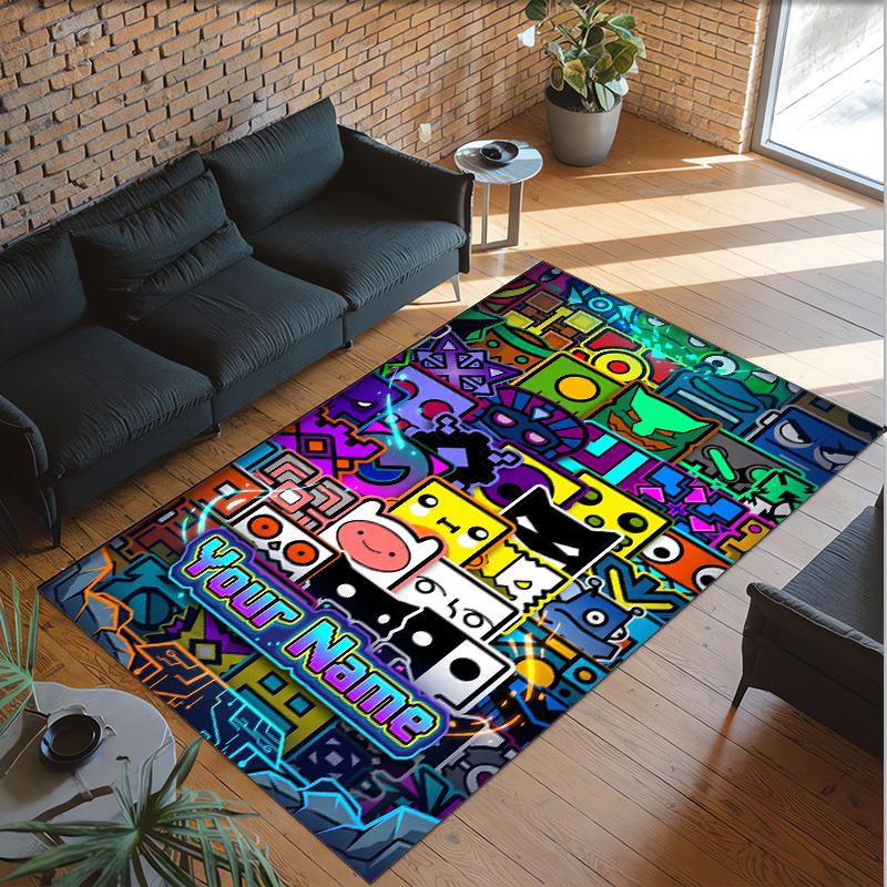 Personalized Crystal Velvet Carpet Custom Name Text,Geometry Dash Anti Slip Area Rug For Home Decoration
