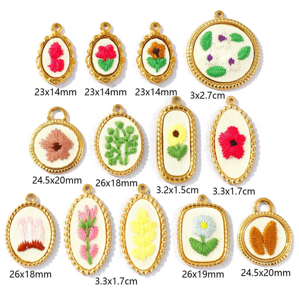 2Pcs Multicolor Geometric Flower Leaf Embroidered Charms 18K Gold Plated 304 Stainless Steel Pendant DIY Necklace Jewelry Making