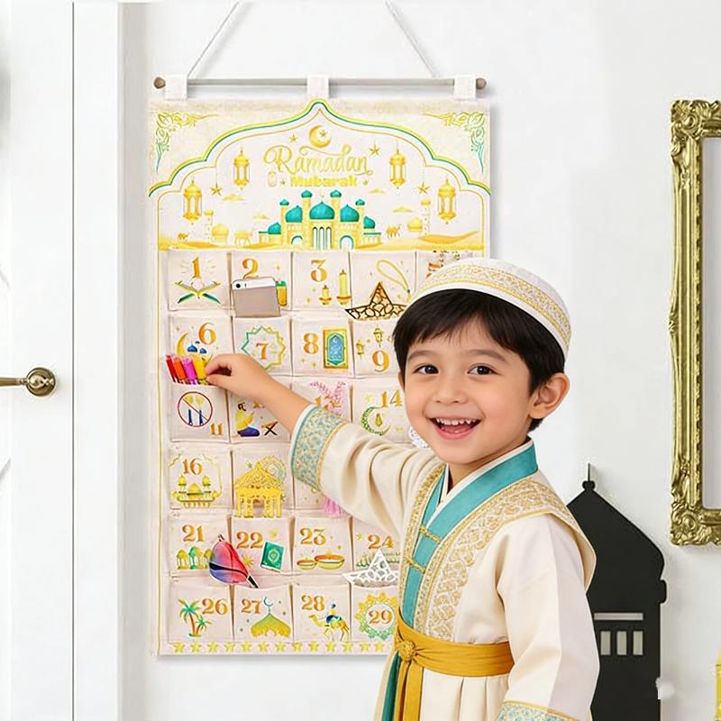Ramadan Decor Canvas Countdown 30 Day Advent Calendar Bag For Muslim Islamic Kid Boy Girl Ramadan Decor Hanging Organizer