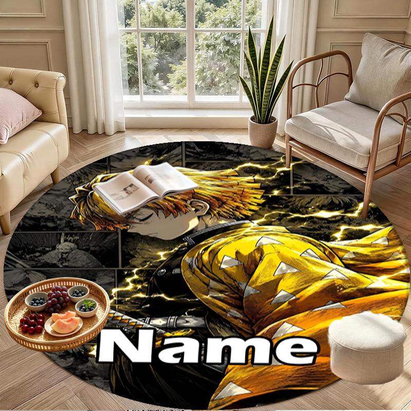 Custom Name Personalized Demon Slayer Print Round Rug, Versatile Home Decor Carpet, for Playroom, Apartment, Balcony, Entryway, Hallway Gift