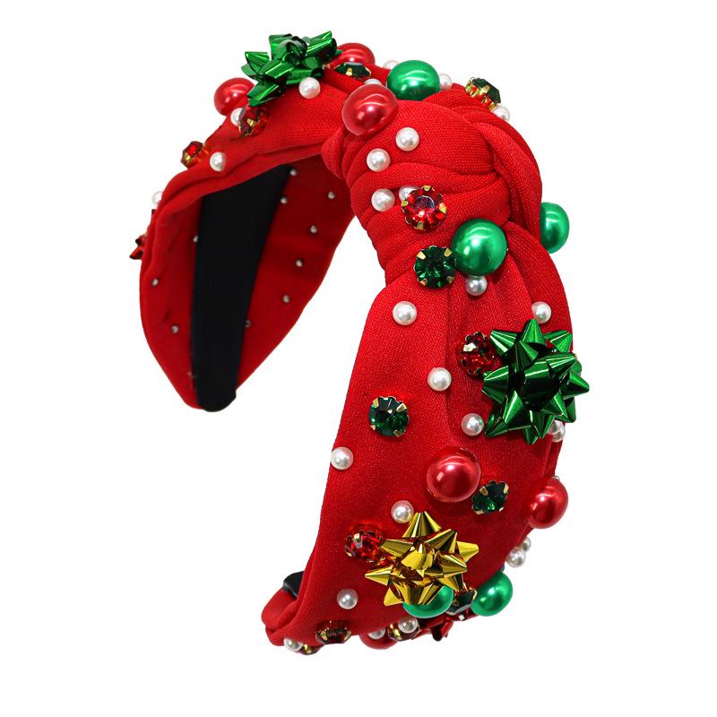 European & American Christmas Pearl Flower Headband - Red & Green Trendy Accessory for Women