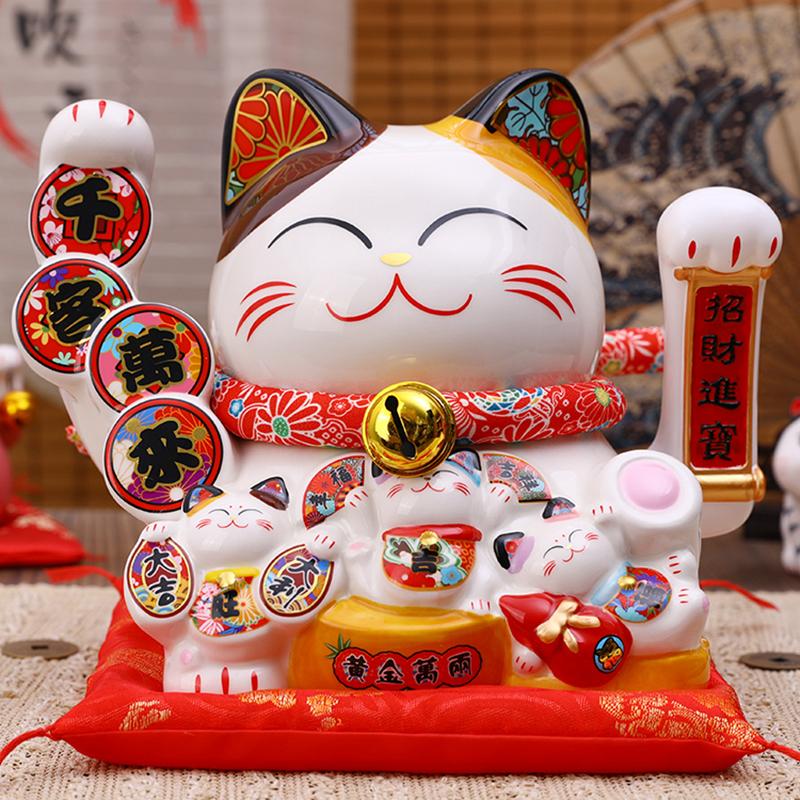 8.2 Inch Ceramic Lucky Cat Ornament Maneki Neko Beckoning Cat with Movable Arm Porcelain Figurine Decoration Statue