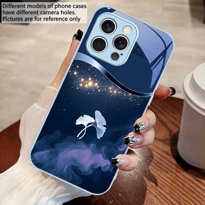 Lila Rauch Ginkgoblätter Für IPhone 16 Pro Max 15 Pro 14 13 12 Mini 11 XS M ax XR 7 8 Plu SE 2022 Gehärtetes Glas Handyhülle