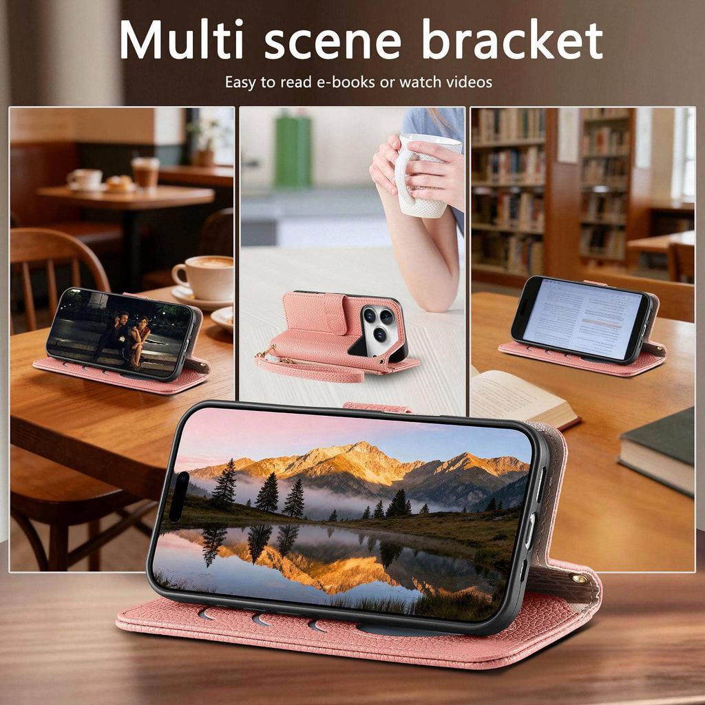 For iPhone 17 16 15 14 13 12 Pro Max PU Leather Wallet Case Zipper Pocket Card Holder 3 Card Slots Wrist Strap Kickstand Case