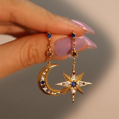 Star Moon Asymmetrical Earrings Niche Color Zircon Star Moon Earrings Female
