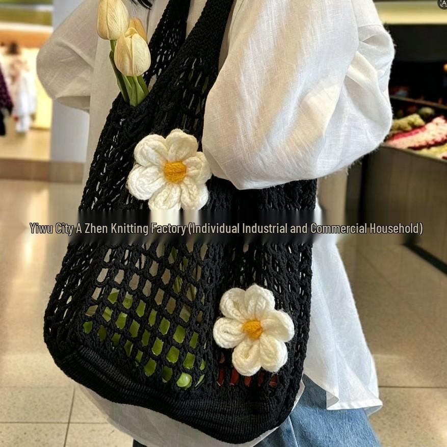 Korean Chic Crochet Mesh Shoulder Bag – Women’s Hand-Knitted Large Tote for Summer Beach