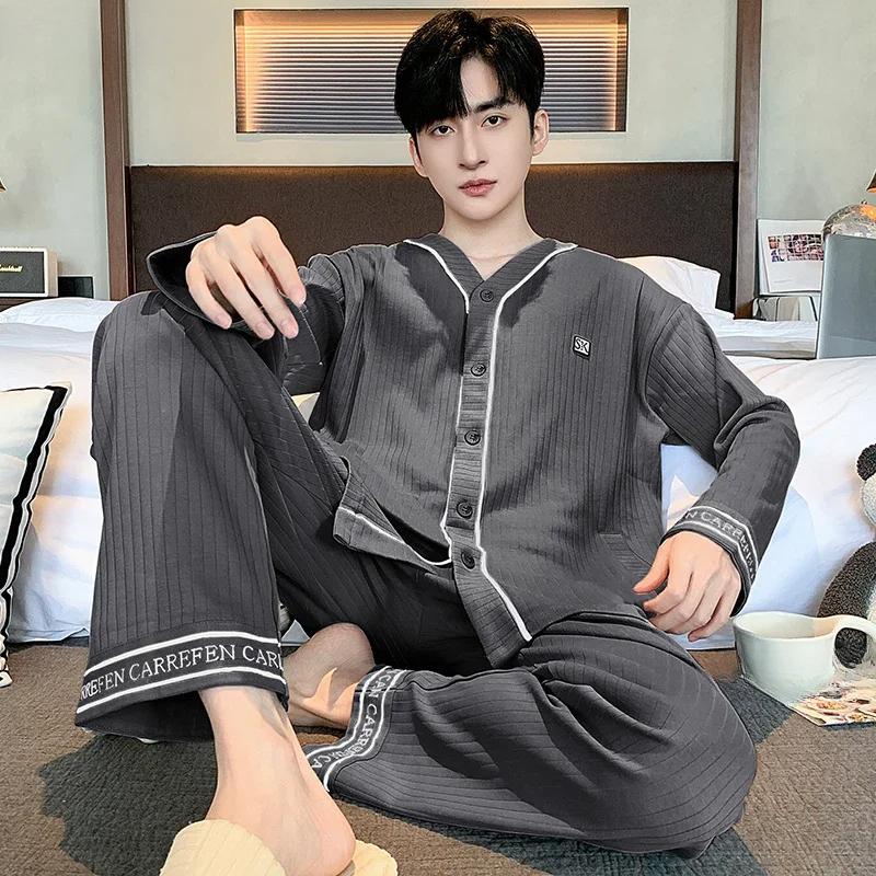 Spring Autumn Men Pajamas Soft Long Sleeves Long Pants Pijamas Man Home Wear V-neck Fashion Man Loungewear