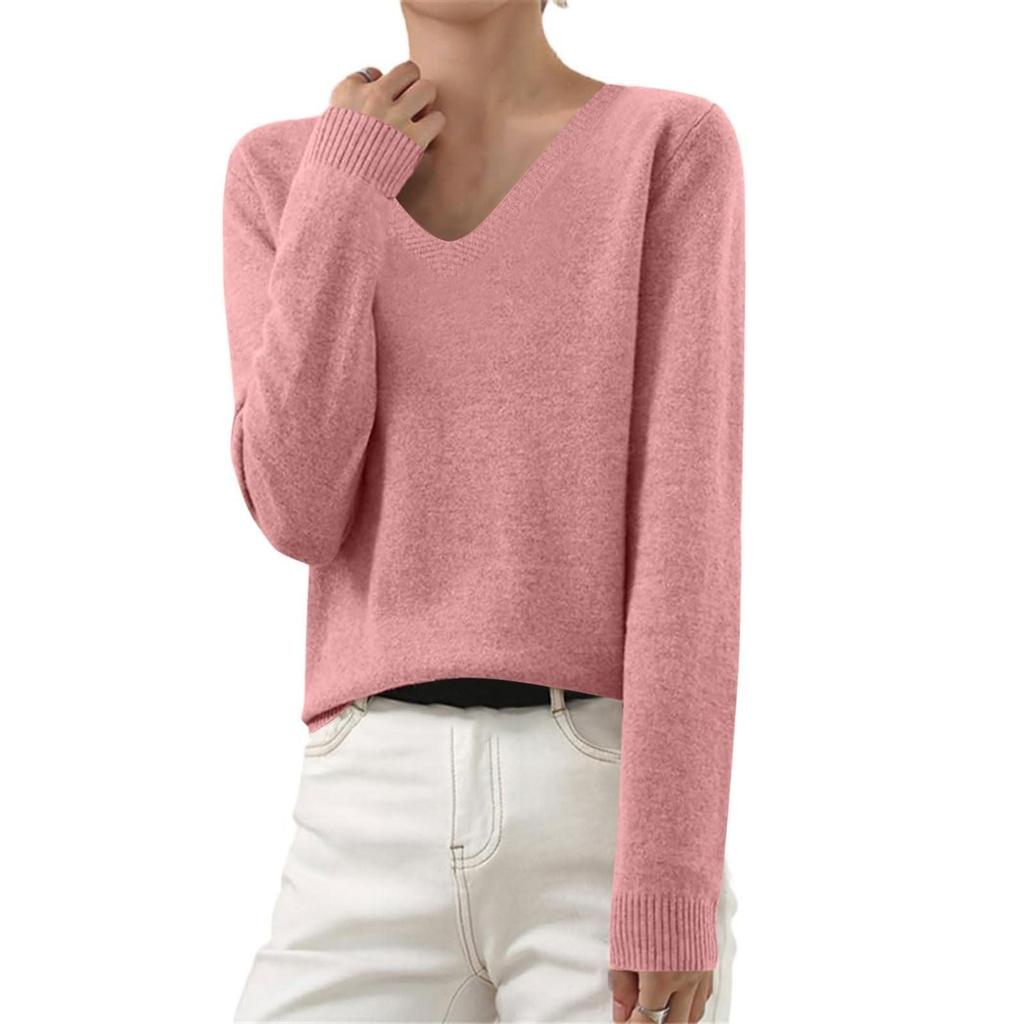 Women's Autumn And Winter Fashion Long-sleeved Basic V-neck Loose Pullover Sweater Top