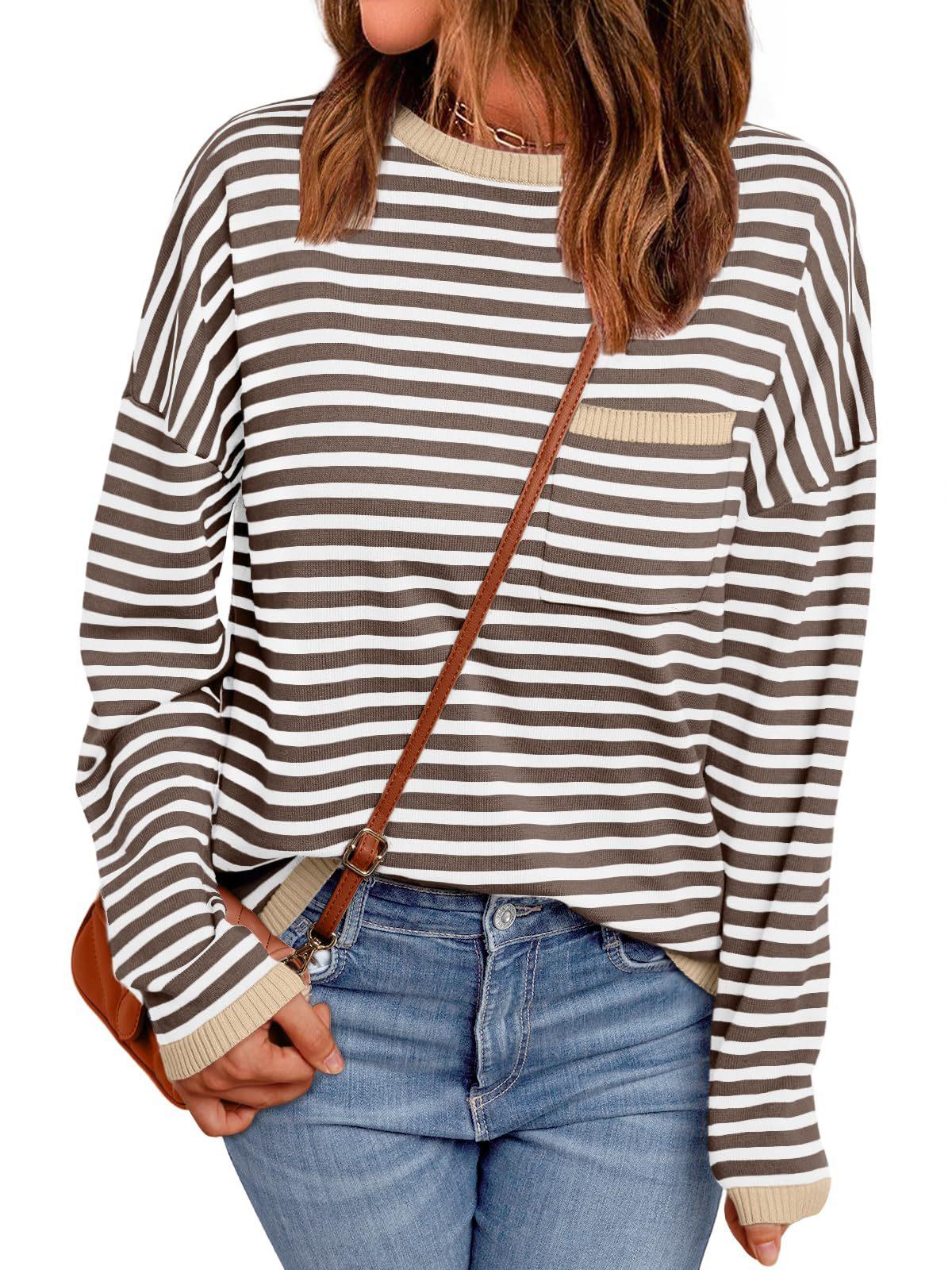 

Women s Long Sleeve Striped Top with Red Trim and Chest Pocket Multi Colors S