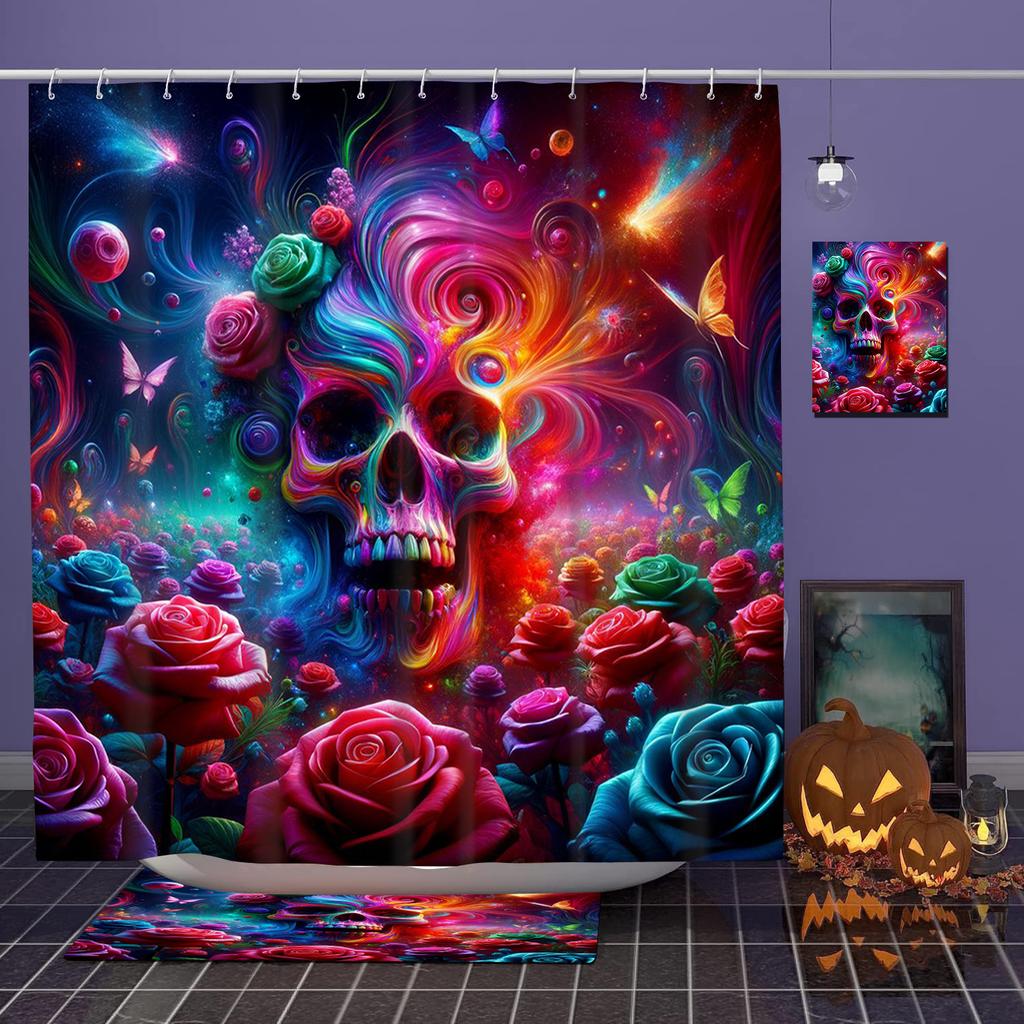 Helloween Theme Flower Skull Pattern Bathing Curtain Bathroom Shower Curtain Waterproof With 12 Hooks Home Deco Free Ship