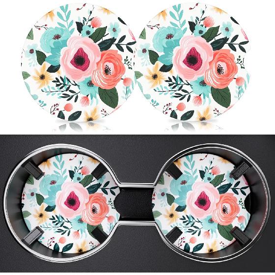 2 Pack Car Cup Holder Coasters, 2.63 Inch Anti Slip Ceramic Absorbent Coaster with Cork Base and Finger Notch, Cute Car Accessories Interior for