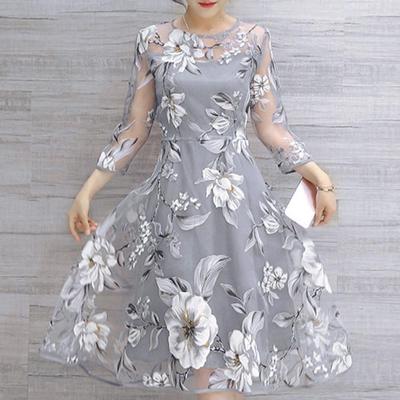 Women's Beautiful Elegant Seven Split Sleeve Round Neck Dress Hollow Midi Waist Large Hem Skirt