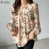 ZANZEA Blusa holgada informal de manga larga con cuello redondo y estampado floral para mujer