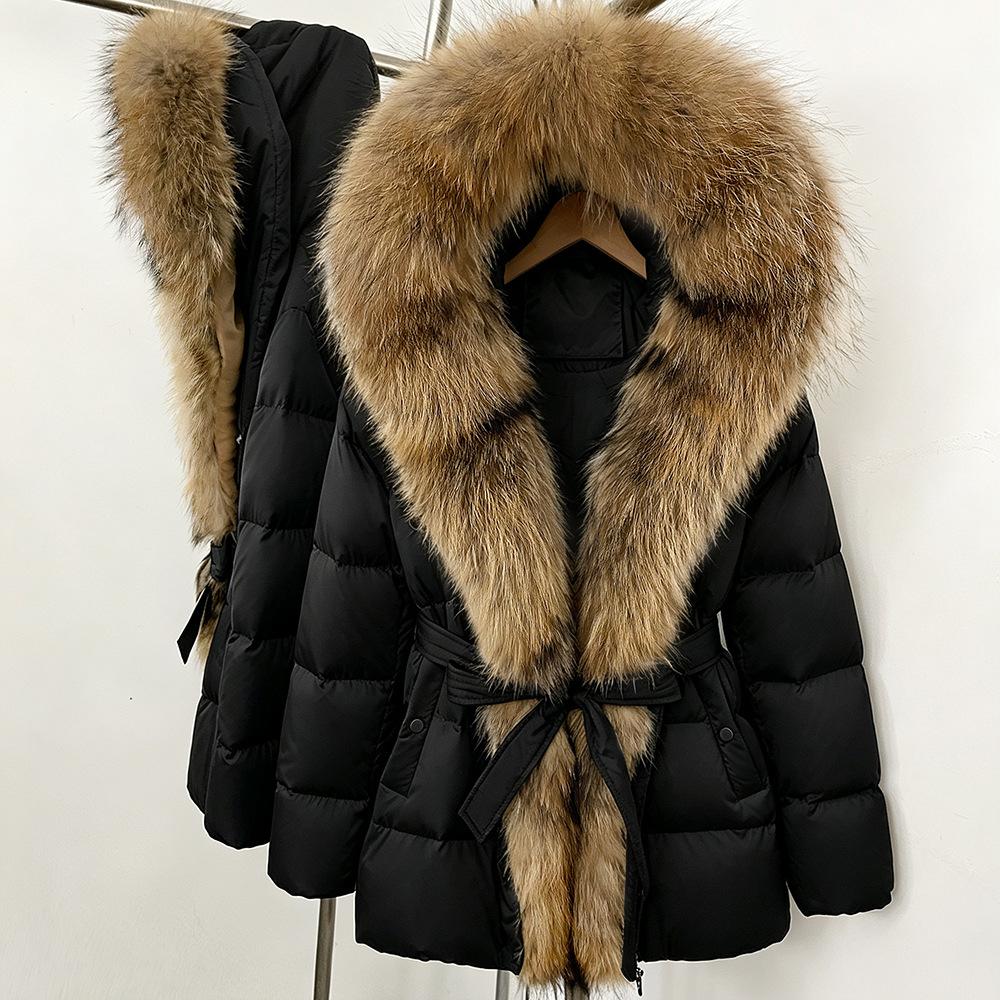 Winter lace-up hooded loose thickened coat women's retro versatile temperament real fox fur collar duck down jacket