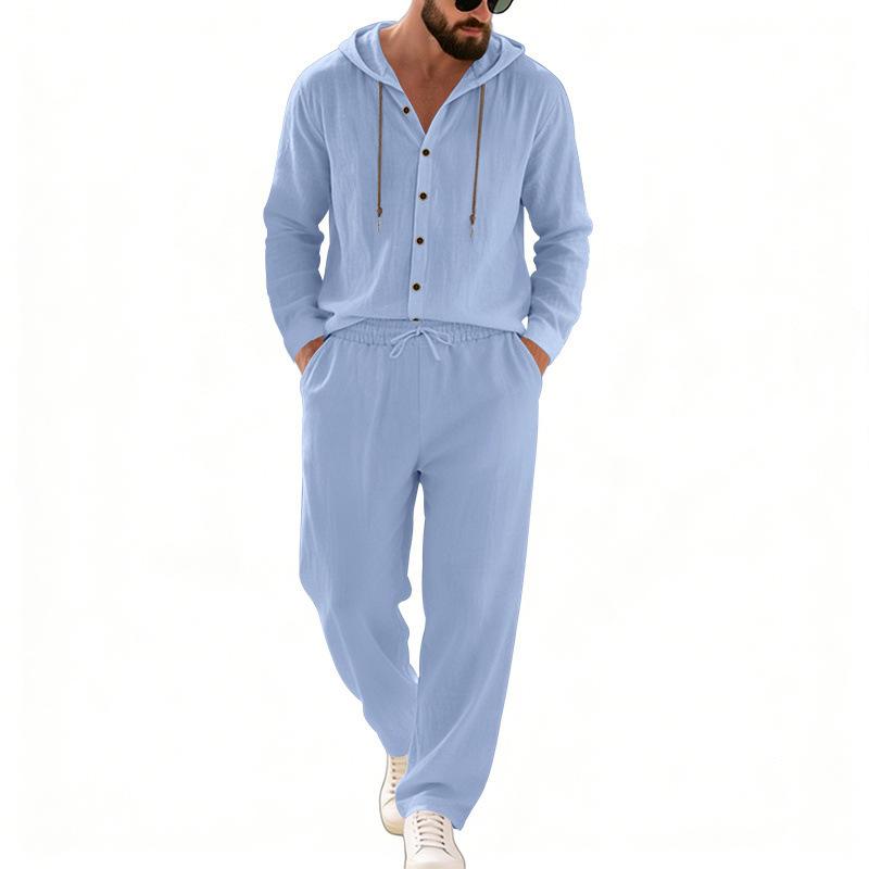 Completo casual da uomo in lino a due pezzi: camicia con cappuccio e bottoni e pantaloni a gamba dritta – perfetti per le vacanze al mare in primavera/estate