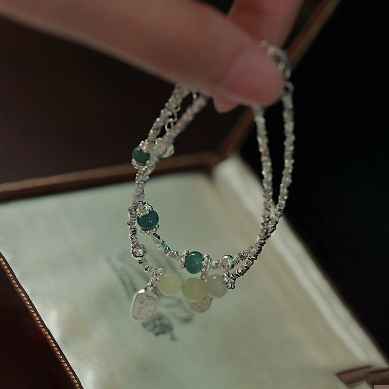 S925 Sterling Silver Natural Jade Hetian Jade Small Pieces of Silver Bracelet Girls Retro Minority Design Sense All-Matching
