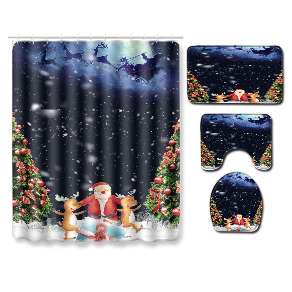 Christmas Shower Curtain Floor Mat Combination Four-Piece Set Bathroom Toilet Carpet Shower Room Mat Foot Mat