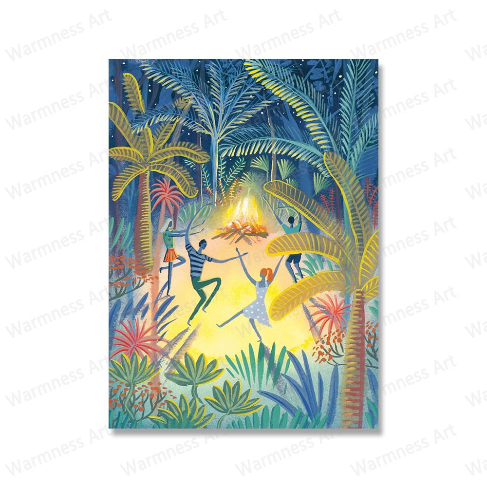 

Летние постеры с танцовщицей в тропических джунглях, костер, вечерние принты, настенная живопись на холсте, ботанические растения, фотографии для домашнего декора комнаты 21x30cm No Framed белый