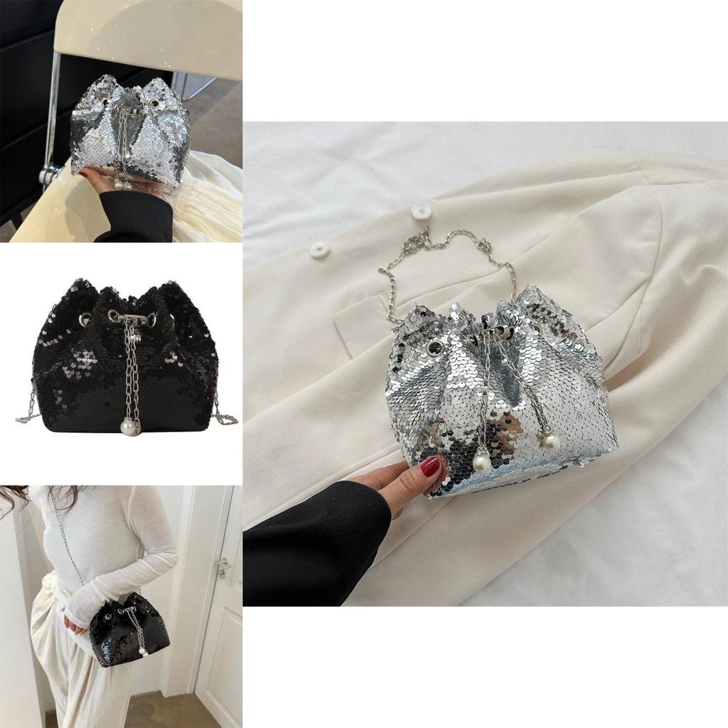 Chic Sequin Bucket Bag With Chain Strap 2023 Summer New Women's Street Style Shoulder Bag Crossbody Bag