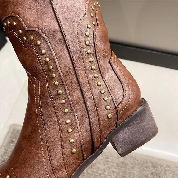 Fashion 2025 Spring New Retro Rivet Western Cowboy Boots Women's Knight Boots British Style Square Head Thick Heel High Boots