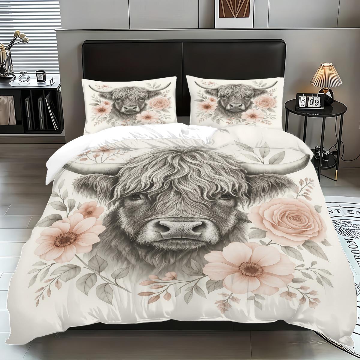 

Highland Cattle Bed Three-Piece Animal 3D Digital Printing Quilt Set 3-Piece Home Textile Products 135x200cm