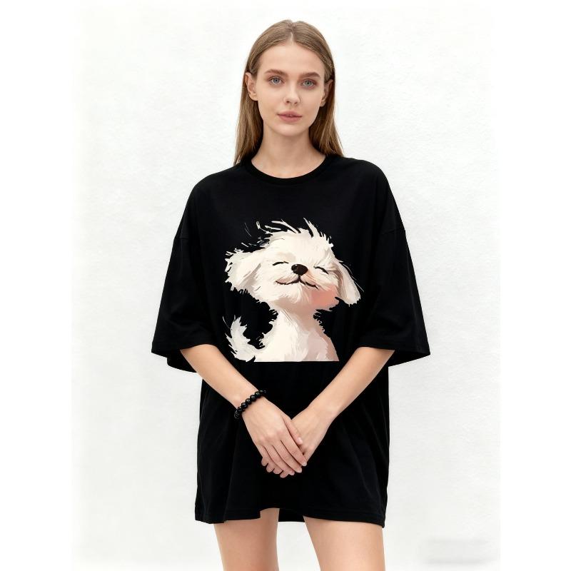 Oversized T Shirt Black Cute White Dog Print Casual Everyday Wear
