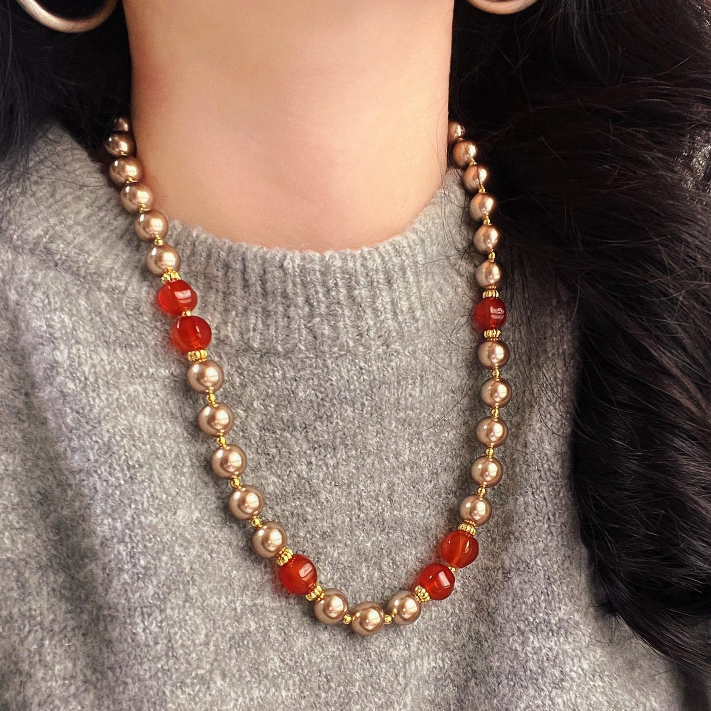 

High Quality Maillard Brown Artificial Crystal Pearl Natural Agate Necklace Neck Chain Sweater Chain Women