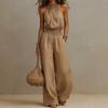 Women's Halter Neck Sleeveless Belted Wide Leg Jumpsuit Solid Khaki Casual Romper
