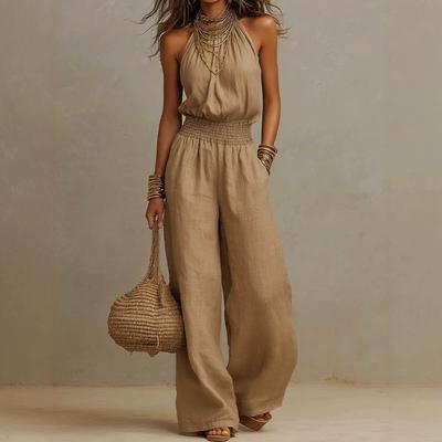 Damen Halter Neck Ärmellos Gürtel Weites Bein Jumpsuit Einfarbig Khaki Lässiger Romper