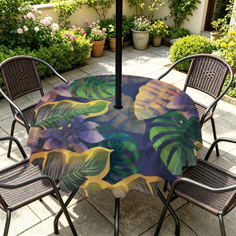 Outdoor Round Tablecloth With Umbrella Hole Waterproof Oil Resistant Floral Leaf Patio Garden Deck