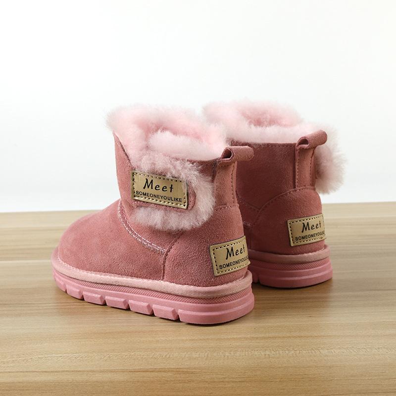 

Детские зимние сноубутсы из коровьей кожи, теплые замшевые, детские хлопковые ботинки, модная обувь для мальчиков и девочек 24(insole 16cm) розовый
