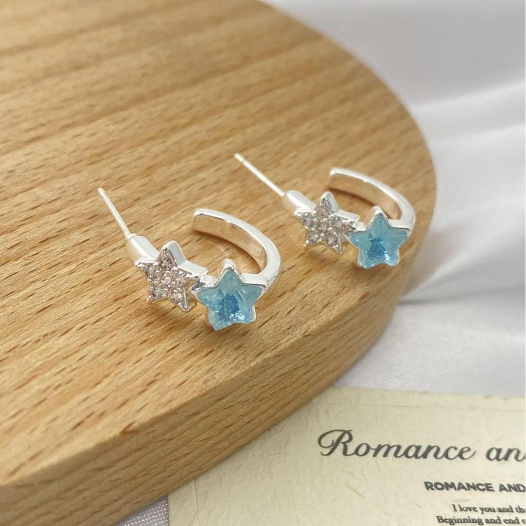 Elegant Zirconia Star Stud Earrings - Fresh Blue C-Shape Design for Spring and Summer