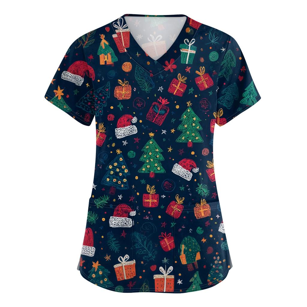 Women's V-neck Christmas printed short-sleeved pocket side-slit protective suit top